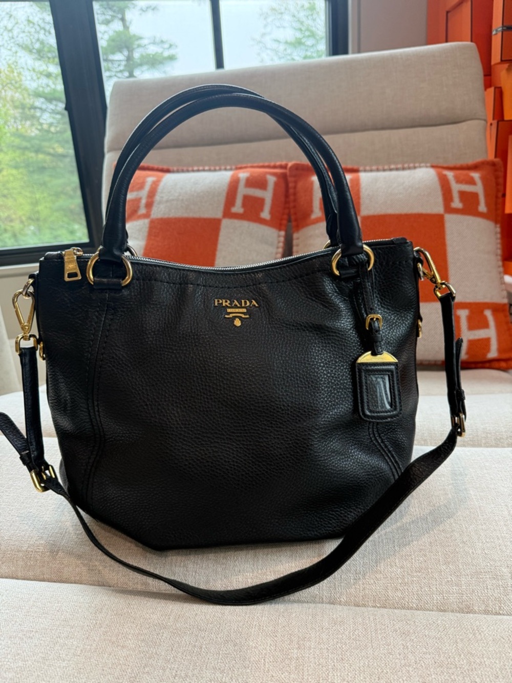 Prada Black Pebbled Leather Shoulder Bag with Gold Hardware